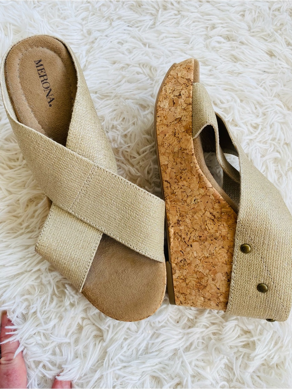 Merona Cork Wedge Mule Slide Sandals Natural Linen Criss Cross 9.5